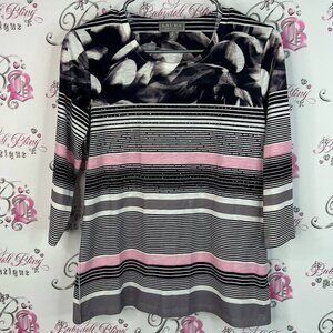Laura top bling rhinestone crystals Black and Pink Striped Long Sleeve Top